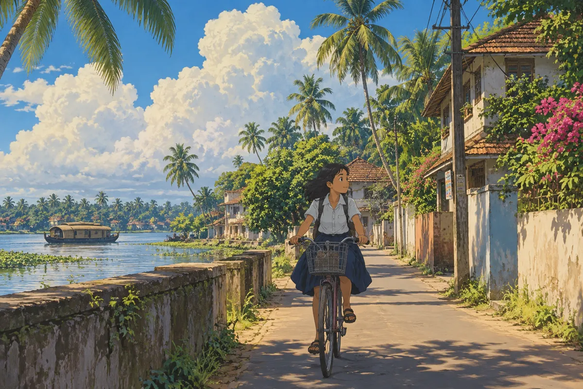 Hand-painted anime film still: a girl rides a bicycle down a sunlit village lane in Kerala, coconut palms, tall summer clouds, warm nostalgic colours, soft painted light