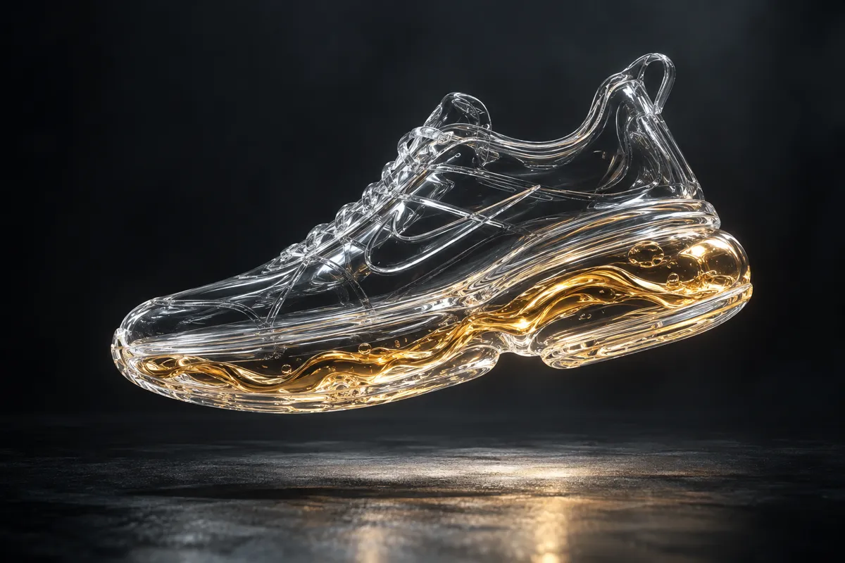 Concept sneaker made of clear glass with liquid gold flowing inside the sole, floating above a dark studio floor, product render, crisp reflections