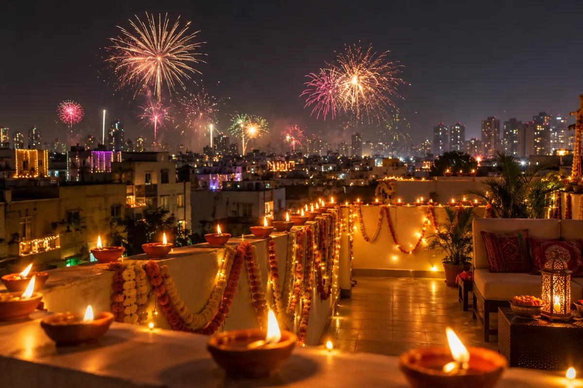 Diwali night on a city rooftop: rows of glowing clay diyas on the parapet, fireworks over the skyline, marigold garlands, warm golden light, cinematic photo