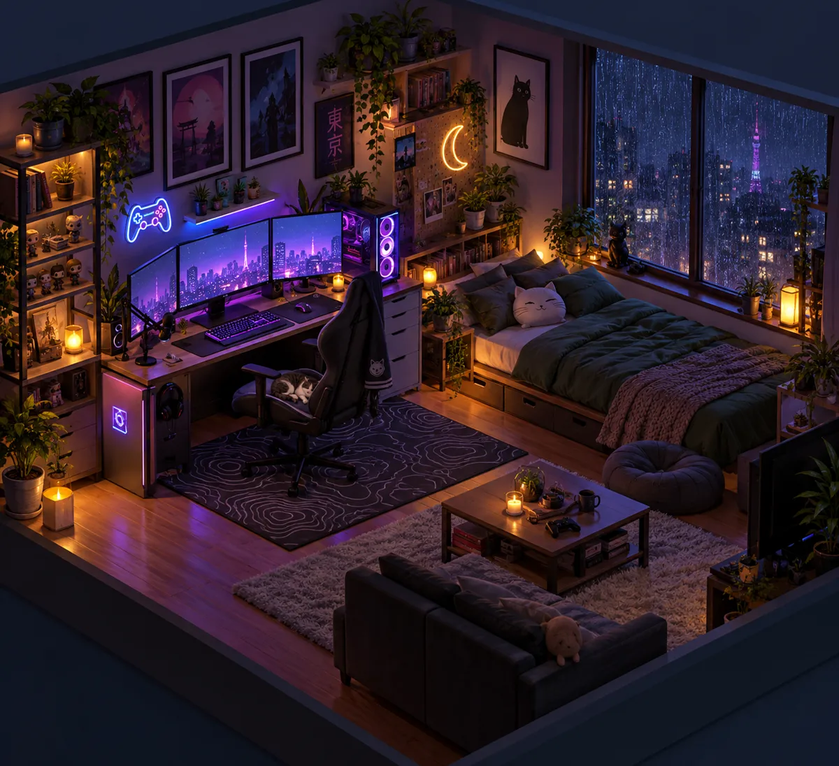 Isometric 3D render of a cozy gaming room at night, neon strip lights, plants, a cat on the chair, rain on the window
