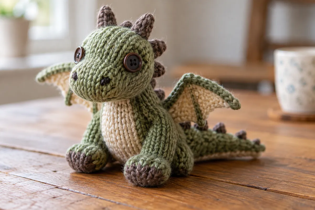 A small knitted wool dragon toy sitting on a wooden table, visible stitches, button eyes, macro photo, soft window daylight