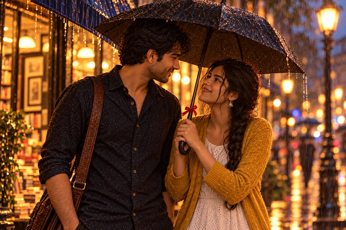 Closer two-shot under the awning: Meera holds the umbrella with the red ribbon and looks at Aarav with a teasing smile.