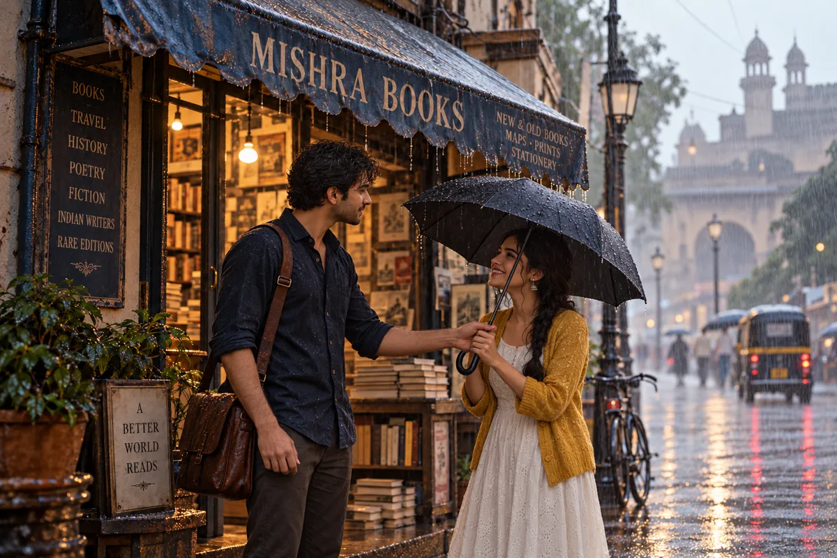 Flashback to a rainy afternoon months earlier at the same bookstore awning, softer daylight.